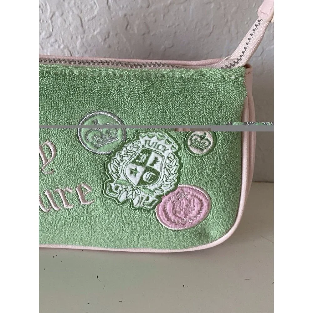Juicy Couture Juicy Girl Rule Wristlet Bag Retro‎ Green Terry Cloth Logo Patches